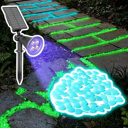 Glow‑in‑the‑Dark Pebbles + Solar Powered LED Blacklight Combo Set - Home Yard Garden Pathway Patio Decor