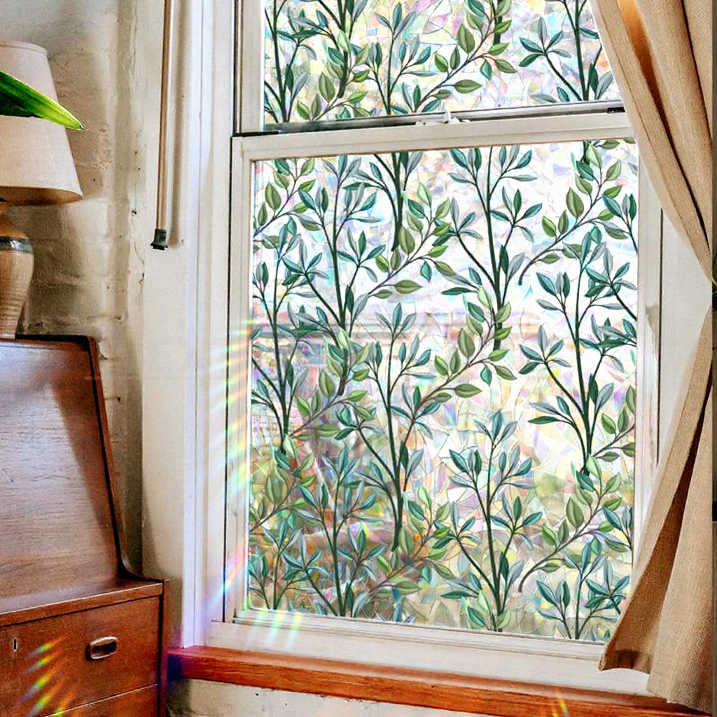 Green Vine Decorative Static Window Film - Botanical Window Decal for Home & Office