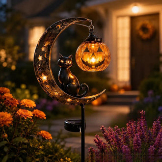 Halloween Solar Powered Warm White LED Metal Moon Black Cat Stake Light - Waterproof Garden Pathway Lighting