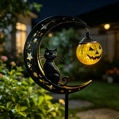 Halloween Solar Powered Warm White LED Metal Moon Black Cat Stake Light - Waterproof Garden Pathway Lighting