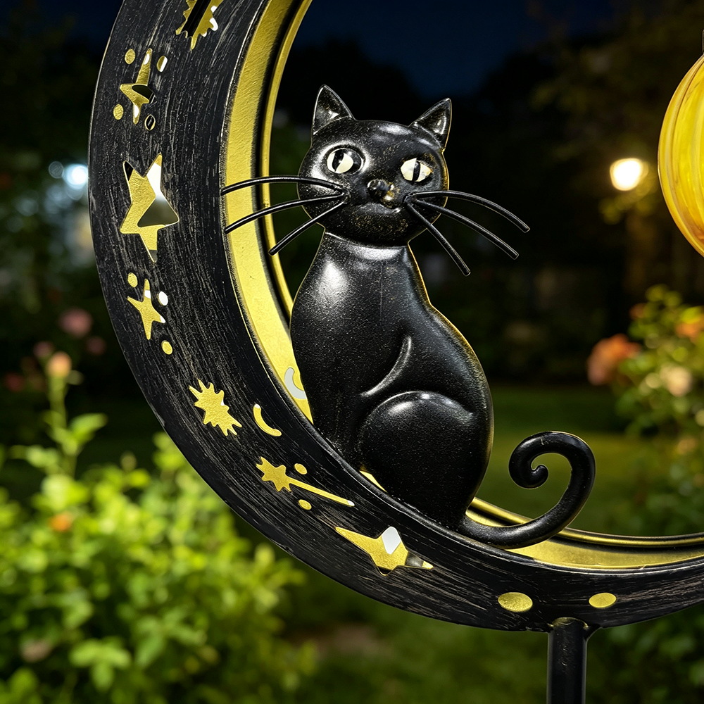 Halloween Solar Powered Warm White LED Metal Moon Black Cat Stake Light - Waterproof Garden Pathway Lighting