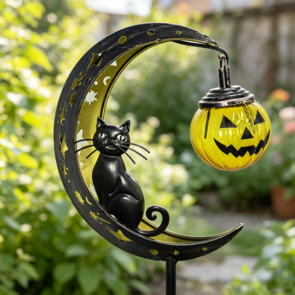 Halloween Solar Powered Warm White LED Metal Moon Black Cat Stake Light - Waterproof Garden Pathway Lighting