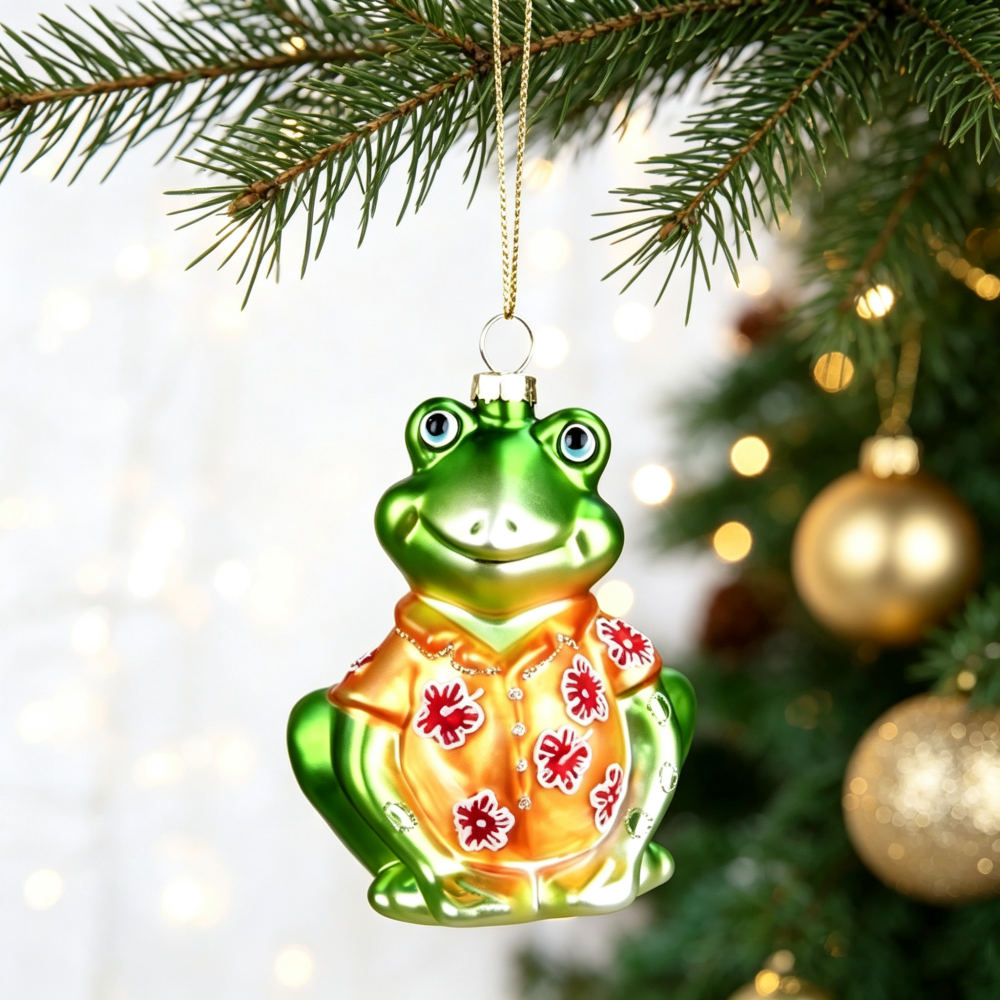 Hand Blown Glass Frog Christmas Hanging Ornament - Xmas Tree Decor
