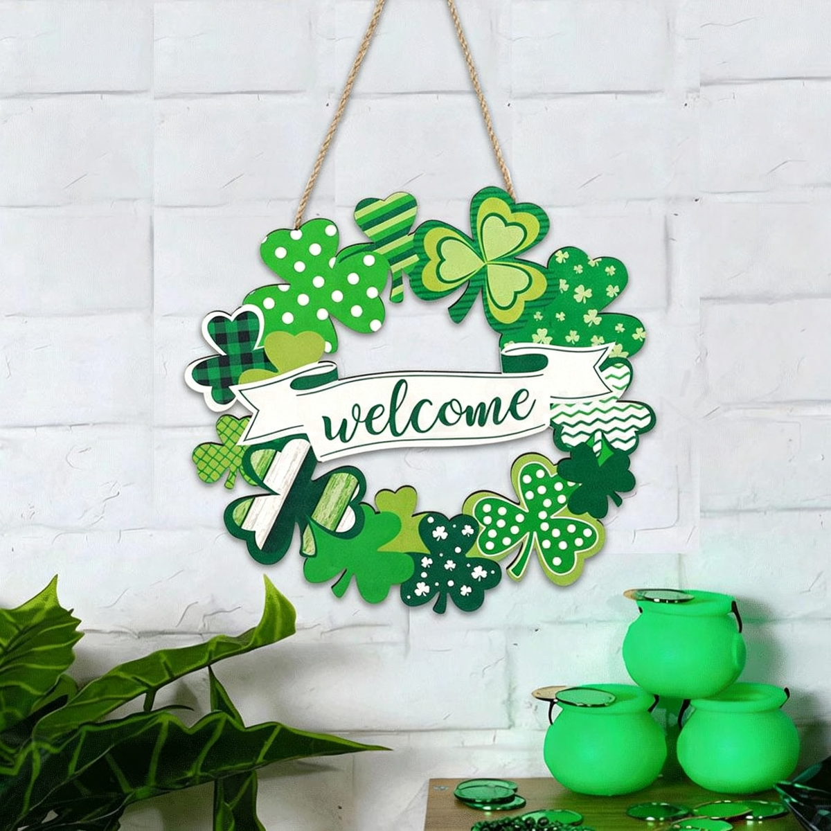 Hand Crafted Wooden St.Patrick’s Day Door Wreath  -  11-Inch, Front Door Spring Holiday Decor