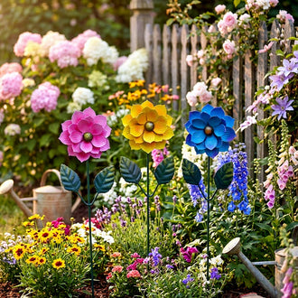Hand‑Painted Metal Flower Garden Stake - Set of 3, Flower Bed & Lawn Yard Art