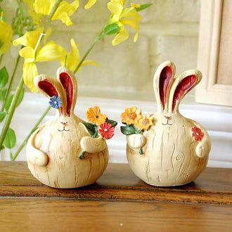 Hand‑Painted Resin Bunny Figurines ‑ Set of 2, Easter Lawn Patio Garden Decor