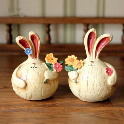 Hand Painted Resin Bunny Figurines  -  Set of 2, Easter Lawn Patio Garden Decor