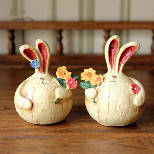 Hand Painted Resin Bunny Figurines  -  Set of 2, Easter Lawn Patio Garden Decor