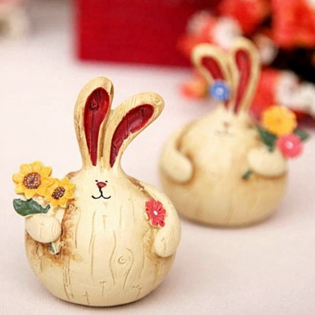 Hand Painted Resin Bunny Figurines  -  Set of 2, Easter Lawn Patio Garden Decor