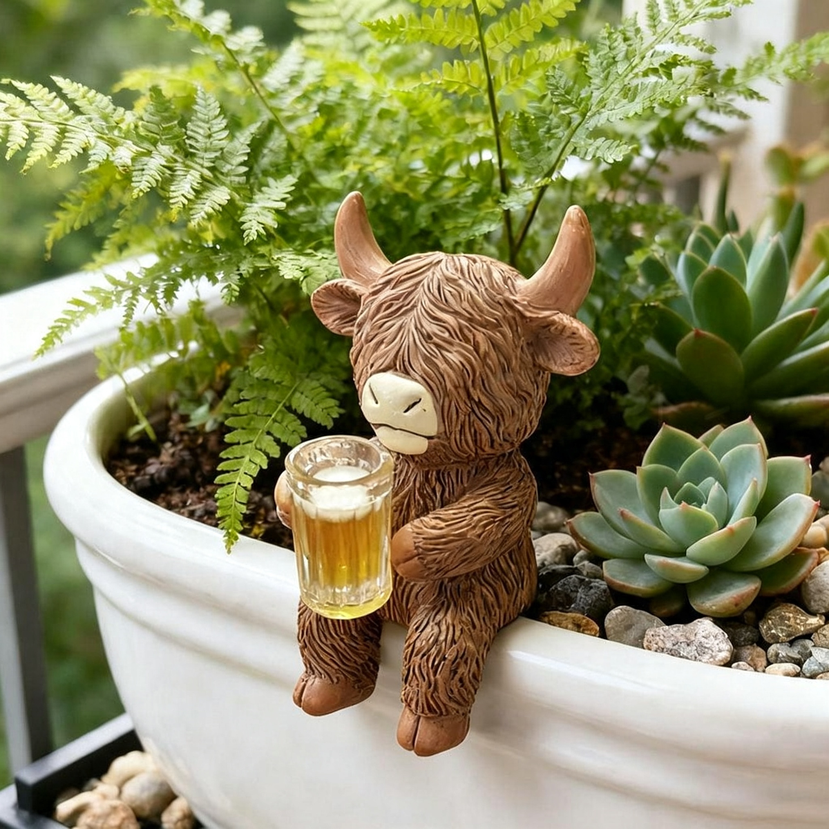 Hand Painted Resin Highland Cow Pot Hugger  -  Flower Pot & Planter Garden Decor