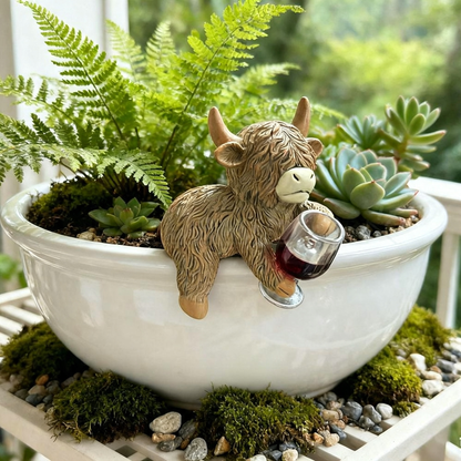 Hand Painted Resin Highland Cow Pot Hugger  -  Flower Pot & Planter Garden Decor