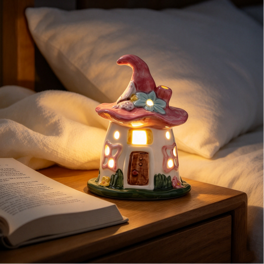 Hand-painted Ceramic Fairy House LED Night Light - Home Bedroom Tabletop Lamp Decor