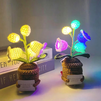 Handmade Crochet Light Up Potted Plant Ornament ‑ Tabletop Indoor Accent Lighting