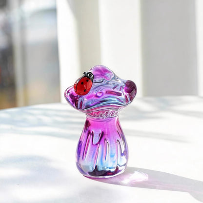 Handmade Purple Crystal Glass Mushroom with Ladybug Figurine - 2.7-Inch