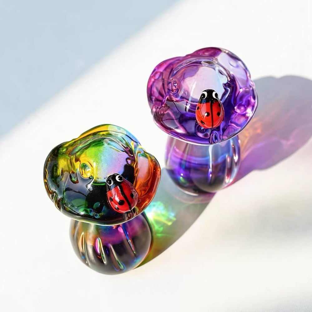 Handmade Purple Crystal Glass Mushroom with Ladybug Figurine - 2.7-Inch