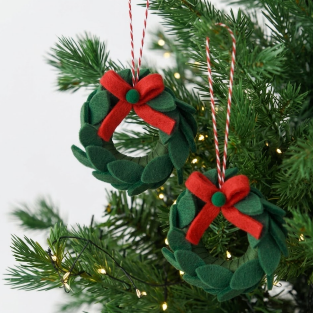 Handmade Felt Christmas Mini Wreath Hanging Decor - 2 Pack, Xmas Tree Wreath Garland Decor