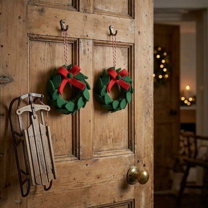 Handmade Felt Christmas Mini Wreath Hanging Decor - 2 Pack, Xmas Tree Wreath Garland Decor