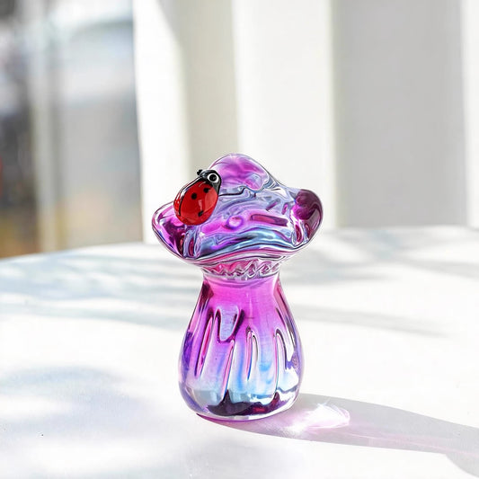 Handmade Purple Crystal Glass Mushroom with Ladybug Figurine - 2.7-Inch