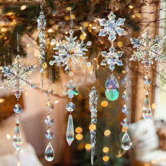 Iridescent Christmas Snowflake & Icicle Hanging Ornament - 10 Pcs, Xmas Tree Home Indoor Outdoor Holiday Party Decor