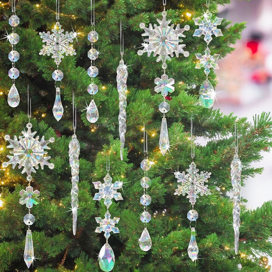 Iridescent Christmas Snowflake & Icicle Hanging Ornament - 10 Pcs, Xmas Tree Home Indoor Outdoor Holiday Party Decor