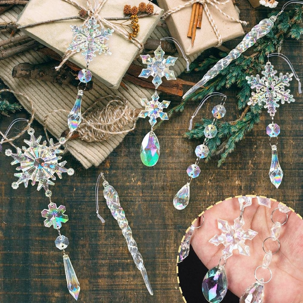 Iridescent Christmas Snowflake & Icicle Hanging Ornament - 10 Pcs, Xmas Tree Home Indoor Outdoor Holiday Party Decor