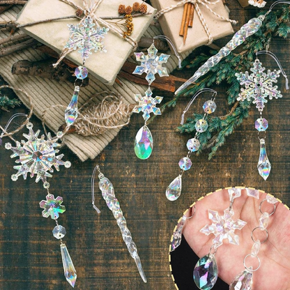 Iridescent Christmas Snowflake & Icicle Hanging Ornament - 10 Pcs, Xmas Tree Home Indoor Outdoor Holiday Party Decor