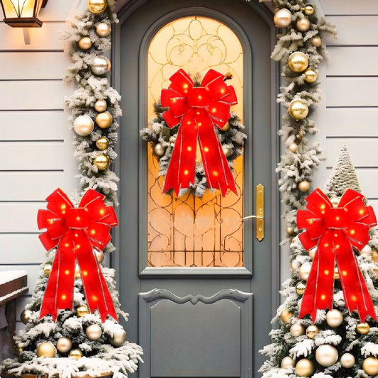 LED Light Up Christmas Ribbon Bow Decor - 2 Pcs, Home Xmas Tree Wreath Door Holiday Party Festive Decor
