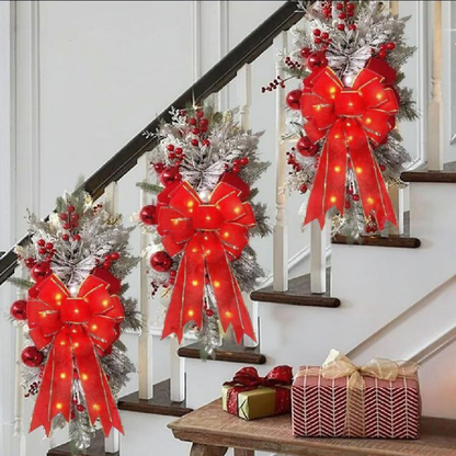 LED Light Up Christmas Ribbon Bow Decor - 2 Pcs, Home Xmas Tree Wreath Door Holiday Party Festive Decor