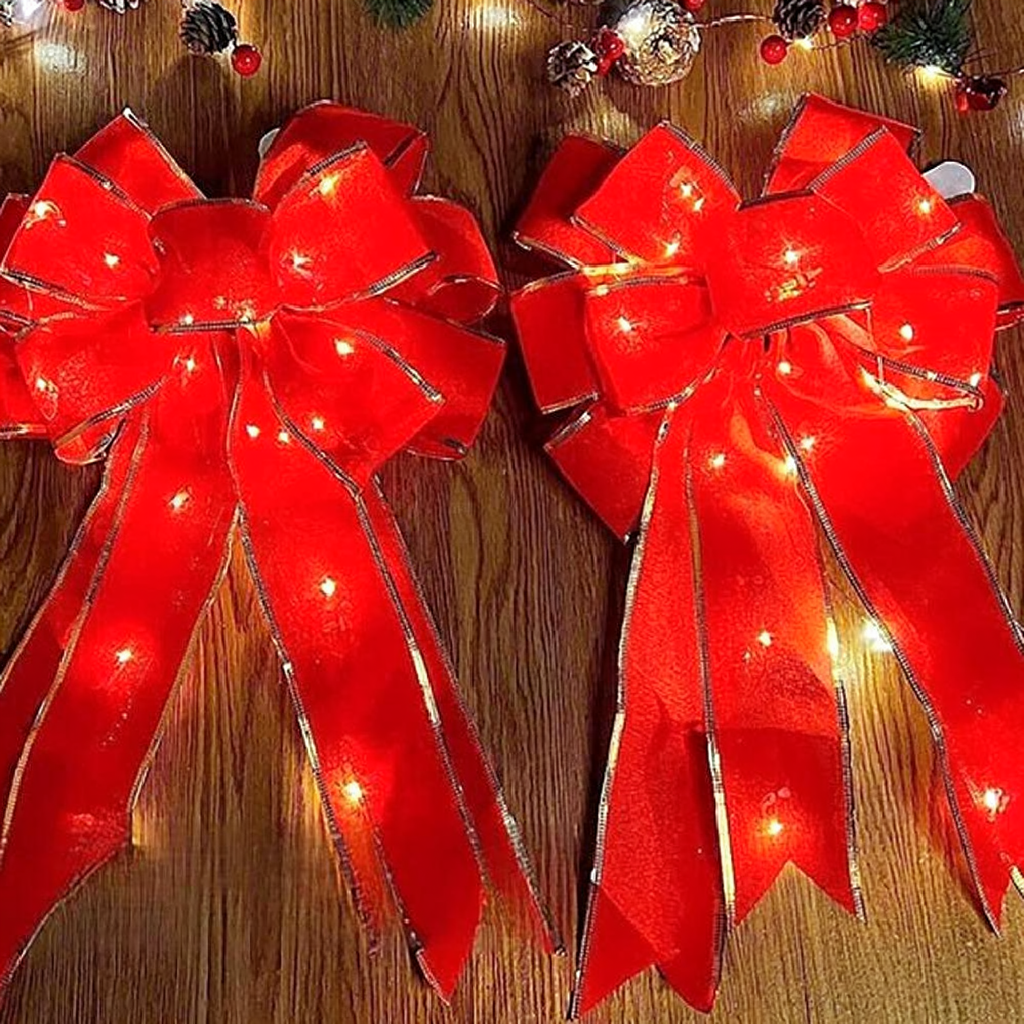 LED Light Up Christmas Ribbon Bow Decor - 2 Pcs, Home Xmas Tree Wreath Door Holiday Party Festive Decor