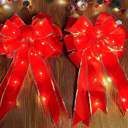 LED Light Up Christmas Ribbon Bow Decor - 2 Pcs, Home Xmas Tree Wreath Door Holiday Party Festive Decor
