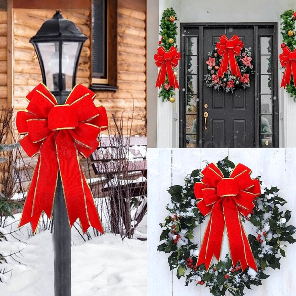LED Light Up Christmas Ribbon Bow Decor - 2 Pcs, Home Xmas Tree Wreath Door Holiday Party Festive Decor