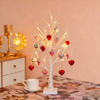 Light‑Up Birch Tree with Heart Ornaments ‑ Tabletop Decor