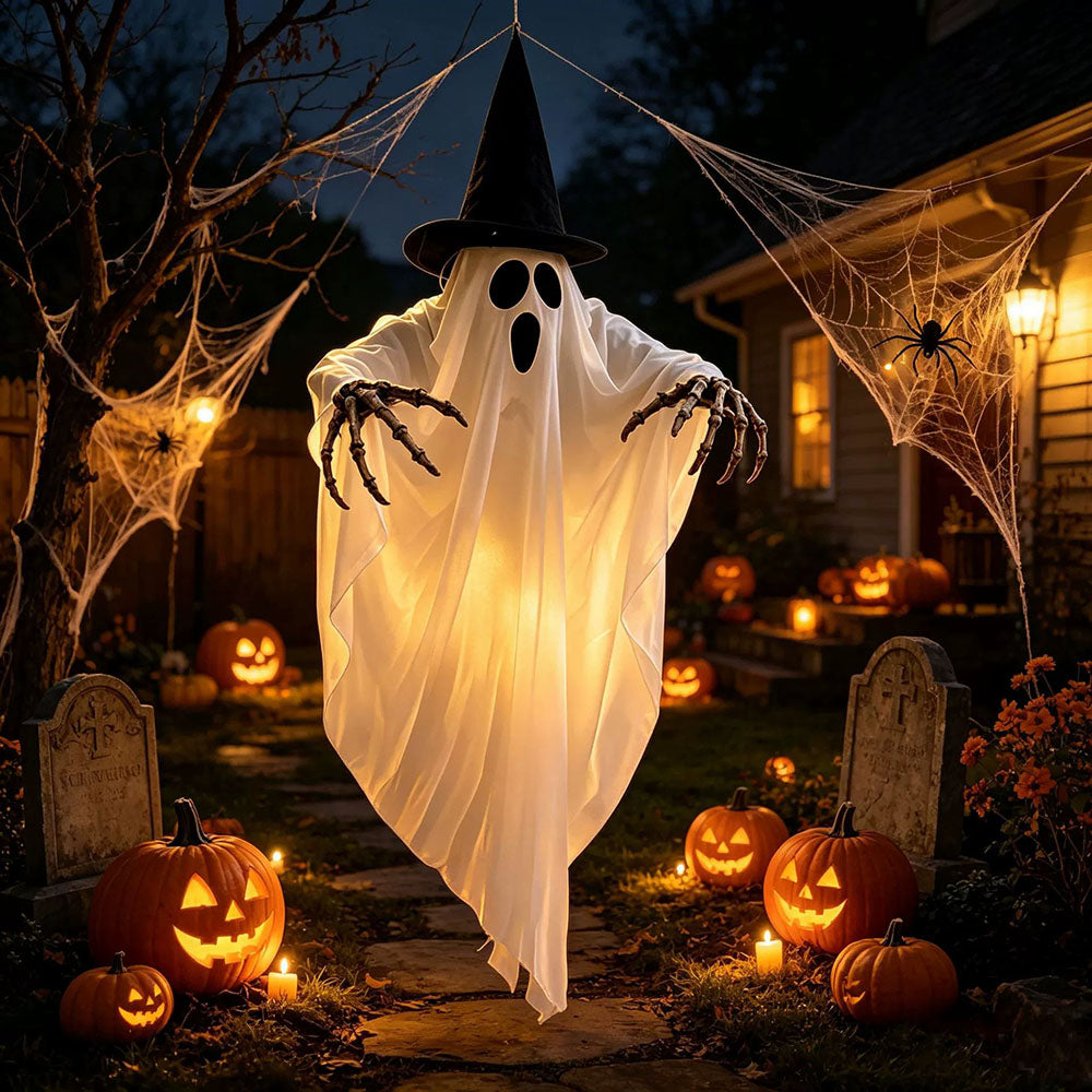 Halloween Light Up Ghost Decoration with Witch Hat & Skeleton Hands-View 1-Next Deal Shop