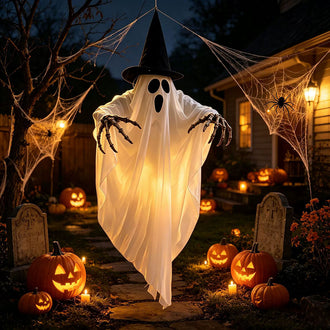 Light Up Ghost Decoration with Witch Hat & Skeleton Hands - 35-Inch, Halloween Yard Decor