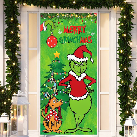 Merry Grinchmas Door Cover - Home Front Door Wall Holiday Party Decor