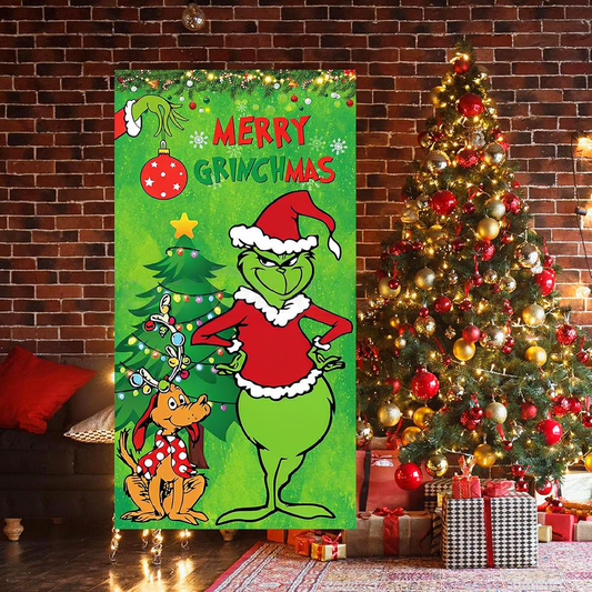 Merry Grinchmas Door Cover - Home Front Door Wall Holiday Party Decor