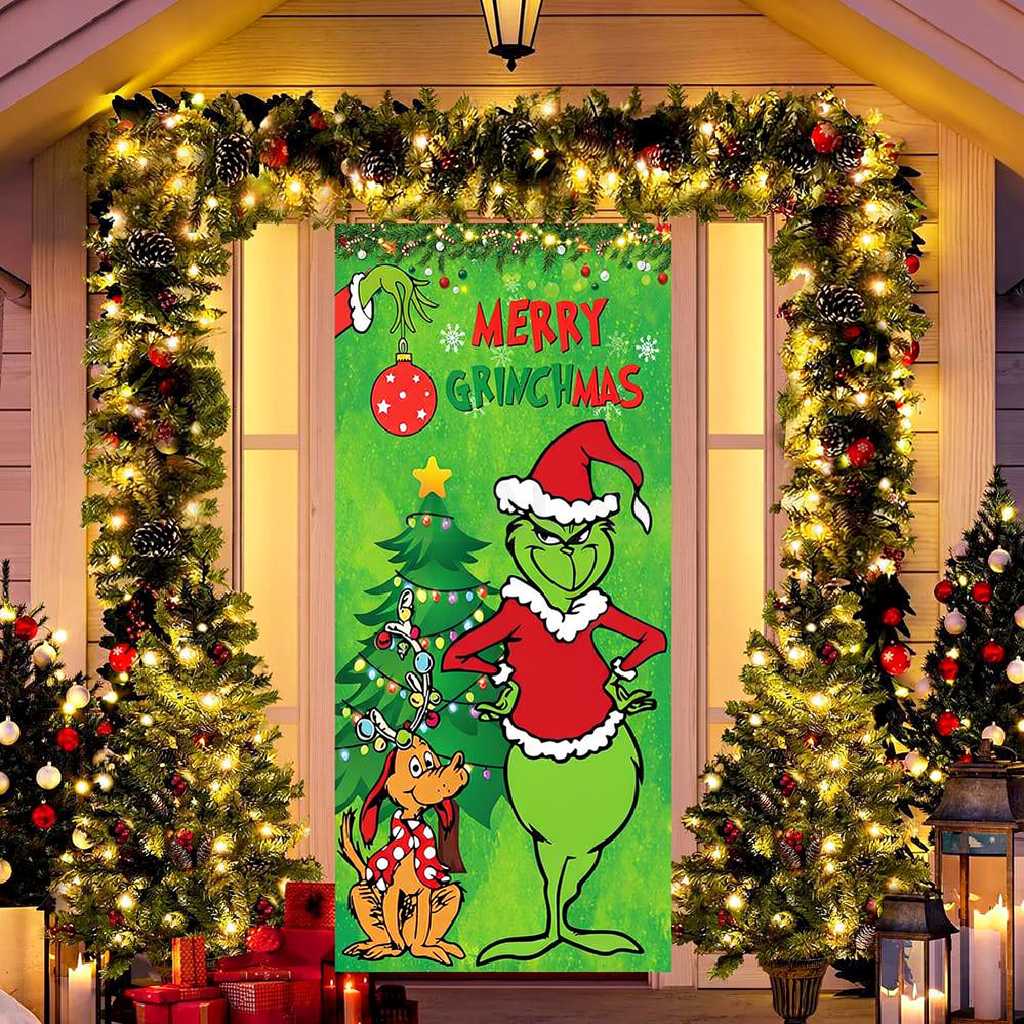 Merry Grinchmas Door Cover - Home Front Door Wall Holiday Party Decor