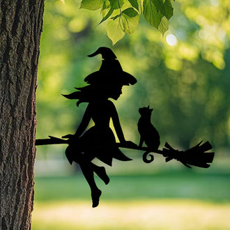Metal Witch and Cat Silhouette Garden Decor