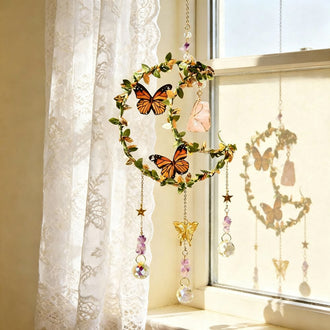 Moon & Butterfly Crystal Suncatcher ‑ Window & Porch Hanging Decor