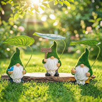 Moss‑Flocked Resin Gnome Figurine with Leaf Umbrella ‑ 5-Inch, Lawn & Flower Bed Garden Decor