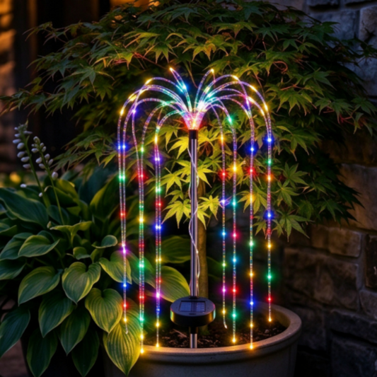 Multicolor Solar Powered Waterfall Firework LED Stake Light - Outdoor Yard Pathway Holiday Decor