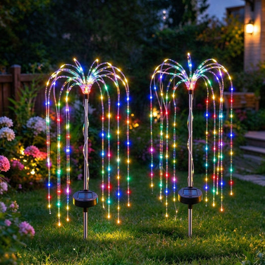 Multicolor Solar Powered Waterfall Firework LED Stake Light - Outdoor Yard Pathway Holiday Decor