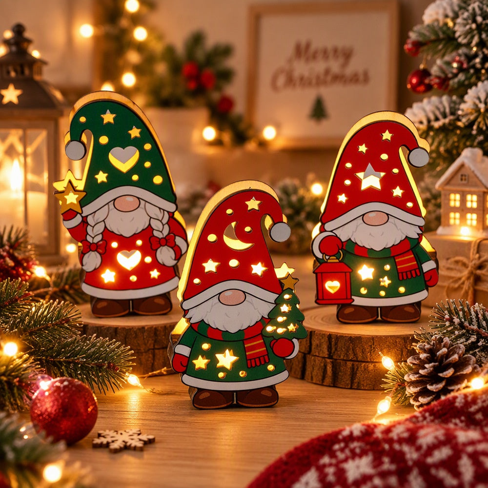 Adorable Christmas Wooden Gnome with LED Lights - Set of 3, Tabletop Holiday Home Mantel Shelf Decoration