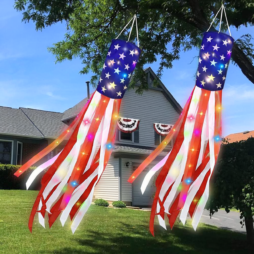 Patriotic American Flag Windsock with LED Lights - 2 Pack, Outdoor Yard Patio Holiday Party Hanging Decor