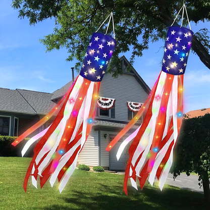 Patriotic American Flag Windsock with LED Lights - 2 Pack, Outdoor Yard Patio Holiday Party Hanging Decor