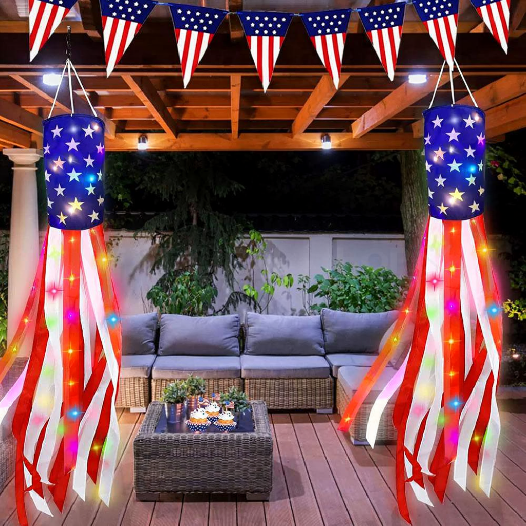 Patriotic American Flag Windsock with LED Lights - 2 Pack, Outdoor Yard Patio Holiday Party Hanging Decor