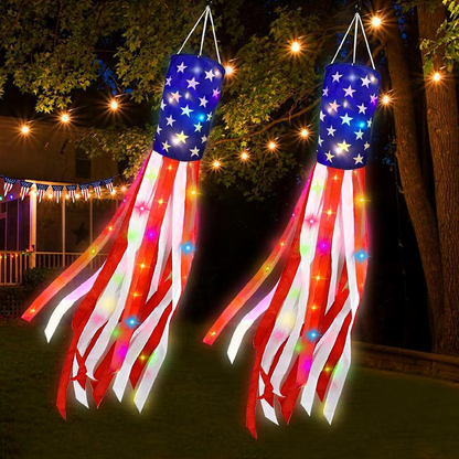 Patriotic American Flag Windsock with LED Lights - 2 Pack, Outdoor Yard Patio Holiday Party Hanging Decor