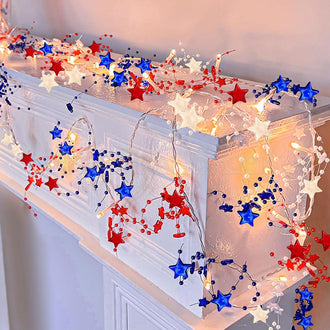 Patriotic Red White Blue Star Garland Lights
