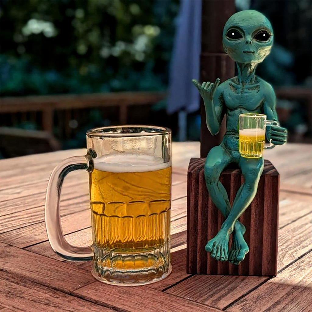 Playful Novelty Resin Relaxing Alien with Beer Figurine - Desk & Shelf Decor