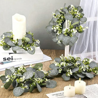 Rustic Eucalyptus Candle Ring - 3‑Pack, Table & Mantel Decor